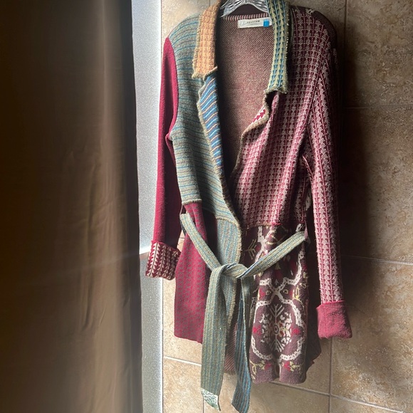 Anthropologie Sparrow Patchwork Jacquard Sweater Coat Belted Cardigan Pockets - Picture 3 of 15